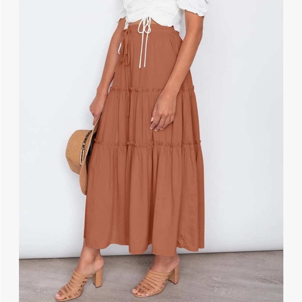 Size S, Boho Elastic High Waist A Line Ruffle Swing, Maxi Skirt w/ Pockets